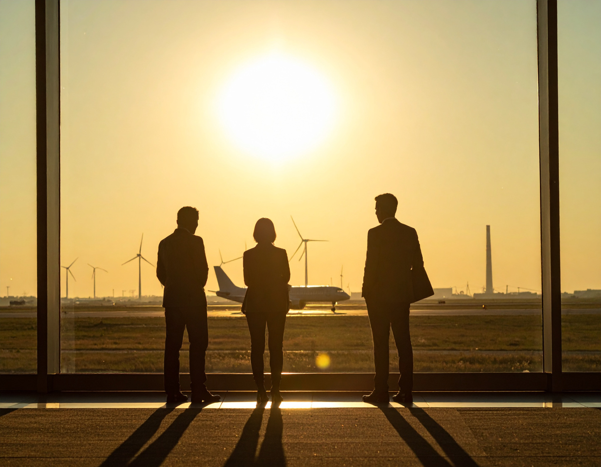 Executives at an airport terminal at sunrise with wind turbines